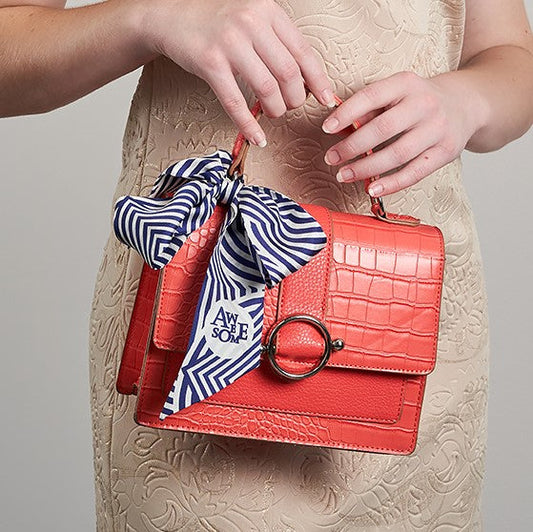 How To Style Custom Printed Silk Twilly on the Purse  for Awesome Non Profit Charity Gifts by Alesia Chaika Art4Brand.com