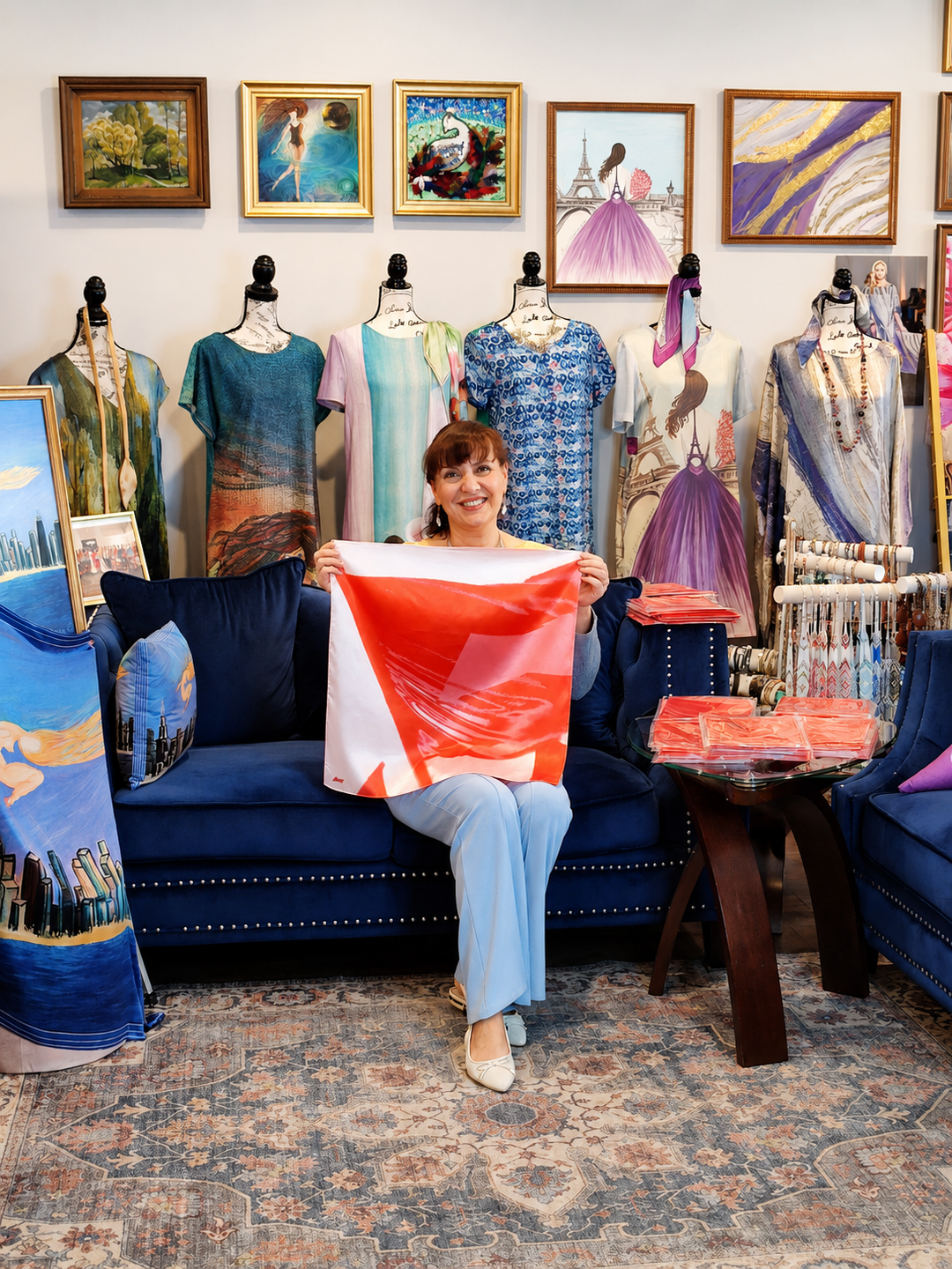 Fashion designer Alesia Chaika is Holding Budweiser-FIFA-Club-World-Cup-custom-luxury-red-white-silk-scarf-alesia-chaika-wearable-at her fashion house in Lake Forest Illinois AlesiaC.com