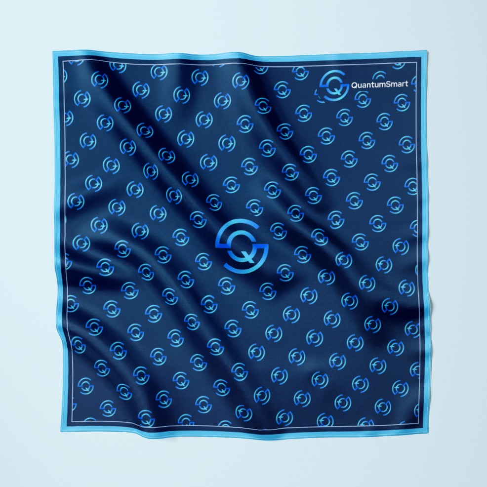 Quantum Smart Logo In The Center Step and Repeat Custom Printed Silk Scarf in Navy Light Blue by Alesia Chaika Art4Brand.com